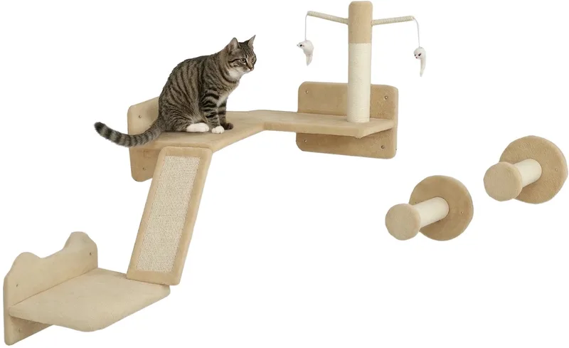 3-Delige Katten Klimwand Set – Met Krabplank, Springpanelen, Krabpaal & Speelbal – Beige by Happiq – product photo