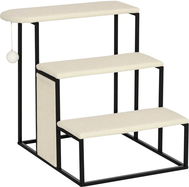 3-Traps Hondentrap 53 cm – Huisdierentrap voor Katten tot 6 kg met Oprijhulp voor Bed by Happiq in Crèmewit – product photo