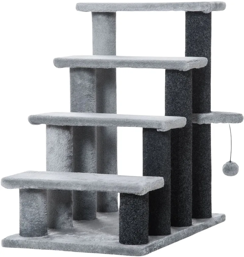 4-Traps Huisdierentrap – Katten- & Hondentrap met Krabpalen & Speelbal – Grijs von Happiq – Produktfoto