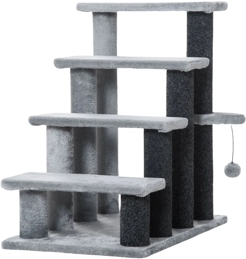 4-Traps Huisdierentrap – Katten- & Hondentrap met Krabpalen & Speelbal – Grijs de Happiq – photo produit