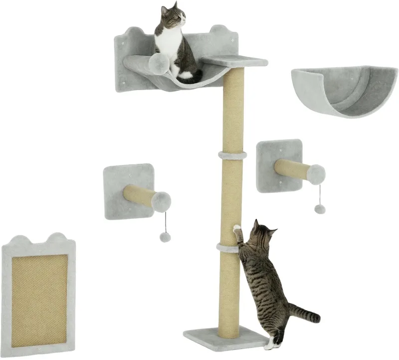 5-Delige Katten Klimwand – Met Krabpaal, Hangmat, Springplatform & Wandkrabboom by Happiq in Light grey – product photo