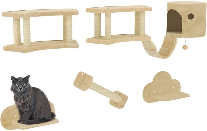5-Delige Katten Klimwand Set – Met Krabpaal, Springplatformen, Ladder & Kattenhuis – Beige de Happiq – photo produit