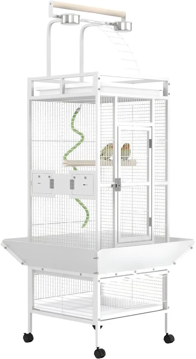60 Inch Smeedijzeren Vogelkooi met Speeldak, Touwzitstok en Voerbakken – Verrijdbare Papegaaienkooi voor Parkieten, Conures en Ara's by Happiq in White – product photo