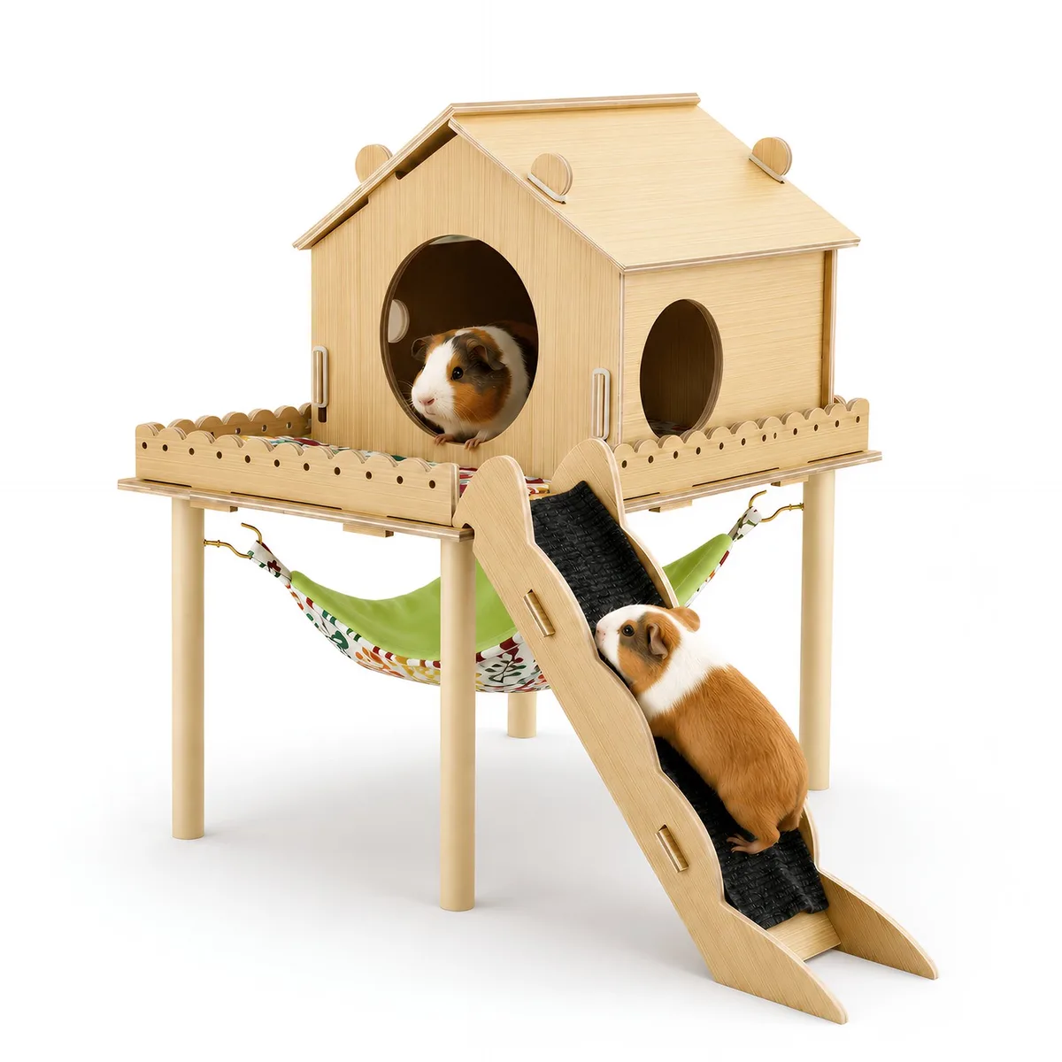 Cavia Schuilplaats voor Knaagdieren - 3-in-1 Groot Houten Huis met Trap - Inclusief Hangmat Matras en Kauwspeelgoed - Meerdere Kleuren van Happiq – productfoto