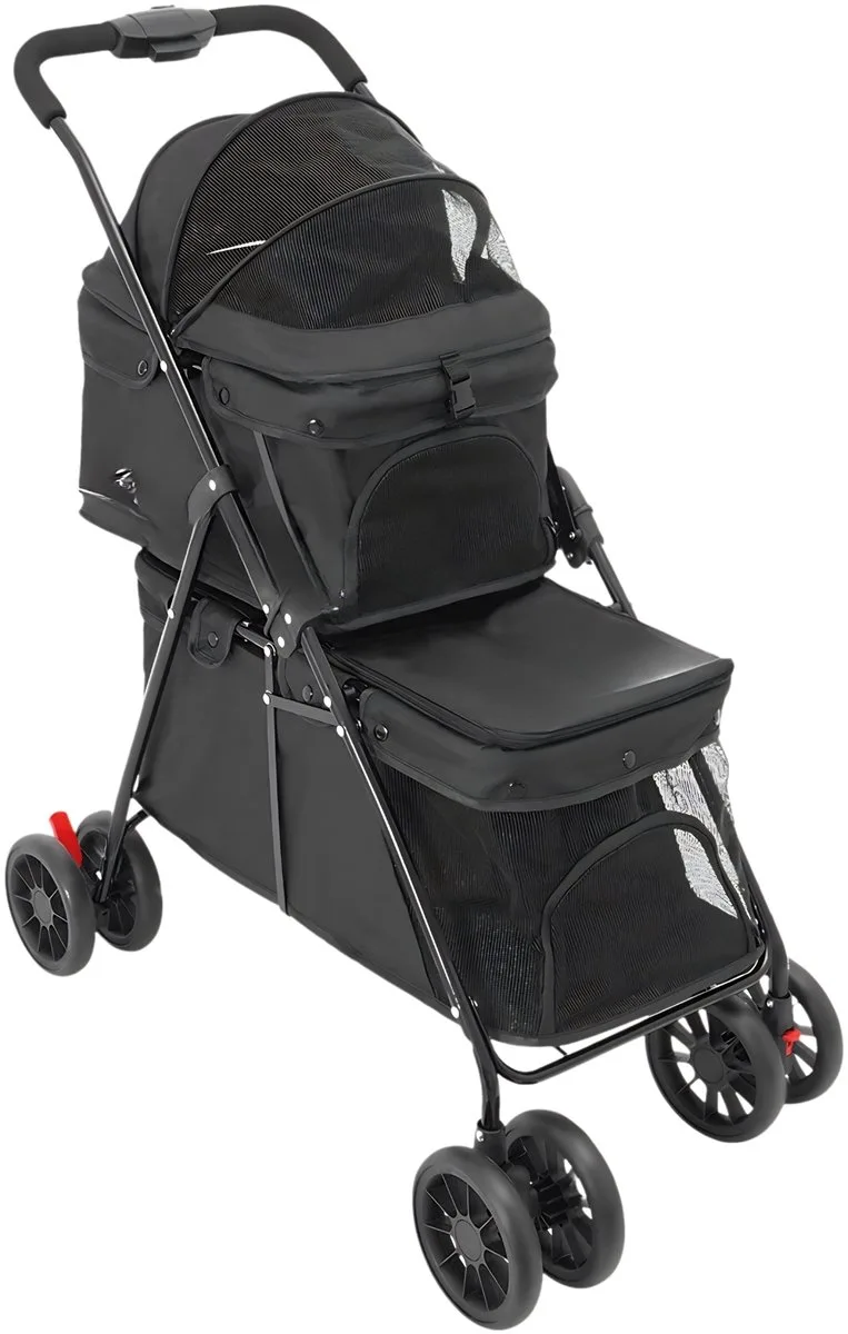 Dubbele Hondenbuggy – Opvouwbare Huisdierenbuggy met 2 Compartimenten en 4 Wielen voor Kleine en Middelgrote Honden en Katten by Happiq in Black – product photo