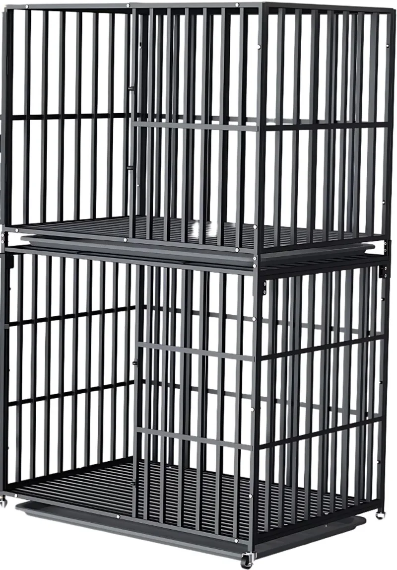 Dubbele Hondenmand Rex - Hondenkennel - Meubelbench Bijzettafel - Metalen Hondenkrat & Walnoot - Binnenbench - 145 cm Hoog - 95 cm Breed de Happiq en Noir – photo produit