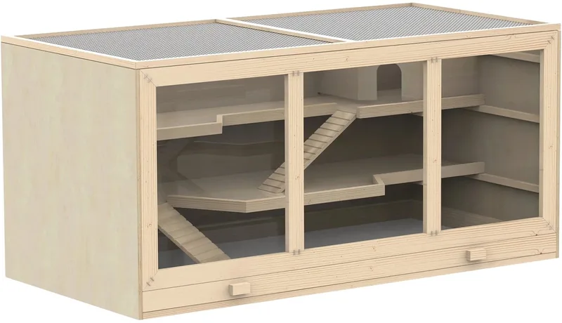 Dwerg Hamsterkooi – 3 Verdiepingen Houten Knaagdier Villa met Trappen – Naturel Hout fra Happiq – produktbillede