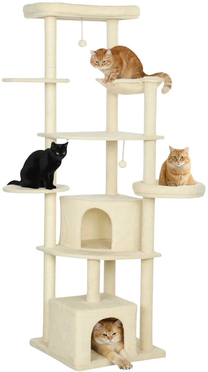 Grote Krabpaal 200 cm – Kattenboom met Ligbedden, Caves, Platforms & Speelballen – Beige by Happiq – product photo