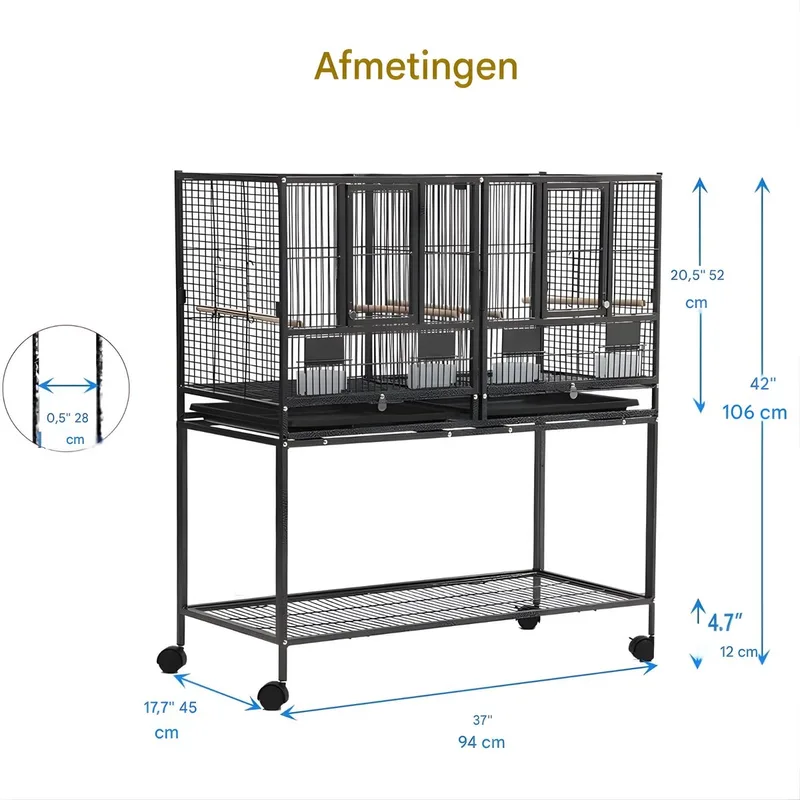 Grote vogelkooi van smeedijzer - ruime volière met houten zitstokken - inklapbare lade en metalen frame by Happiq in Black – product photo