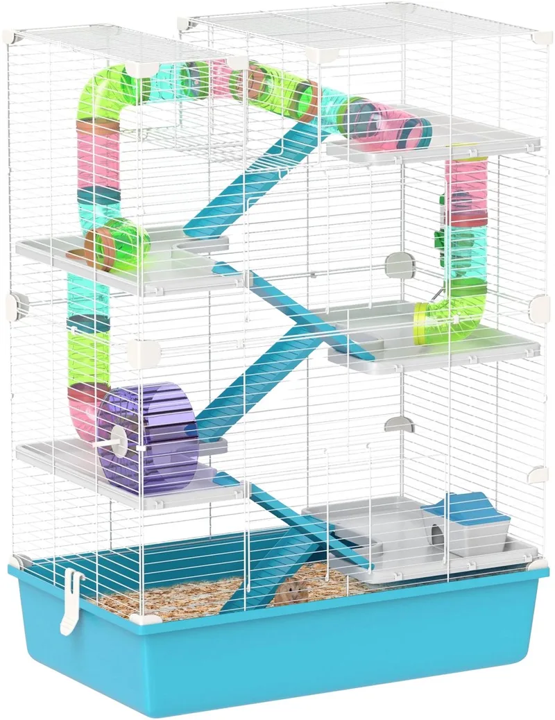 Hamsterkooi 6 Verdiepingen – Met Buizen, Renrad, Voerbak & Accessoires – Lichtblauw von Happiq – Produktfoto