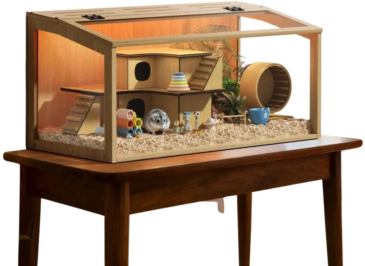 Hamsterkooi 80 CM - Voor Kleine Huisdieren - Ingebouwde LED Verlichting - Natuurlijke Houtkleur by Happiq – product photo