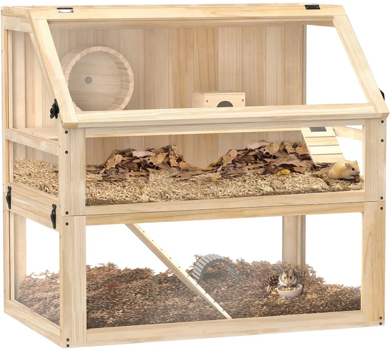 Hamsterkooi van Hout – 3 Verdiepingen met Opklapbaar Deksel, Renrad & Accessoires – Naturel Hout de Happiq – photo produit