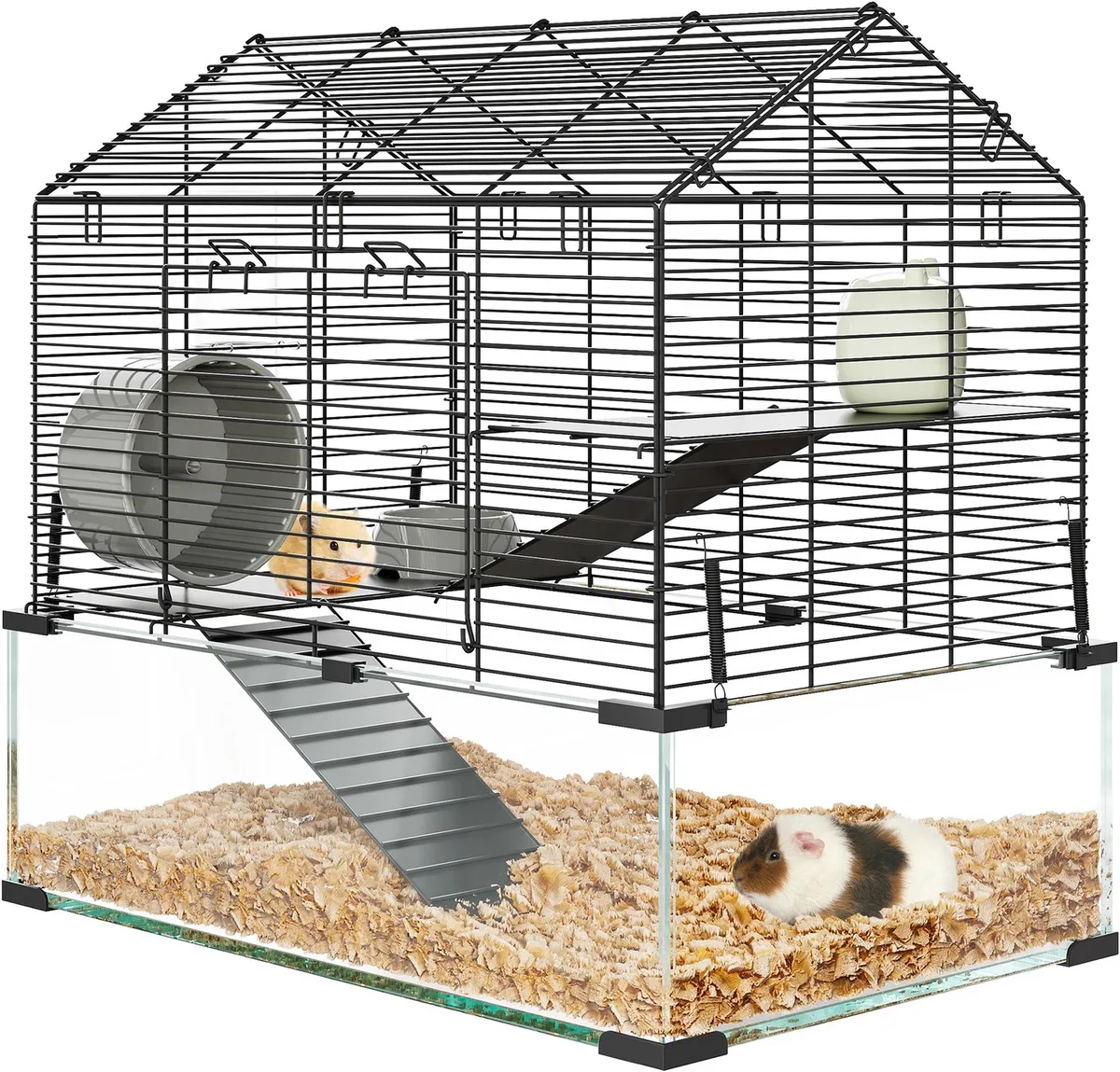 Hamsterkooi - Voor Kleine Dieren - 3 Verdiepingen en Loopwiel - Gehard Glas by Happiq – product photo
