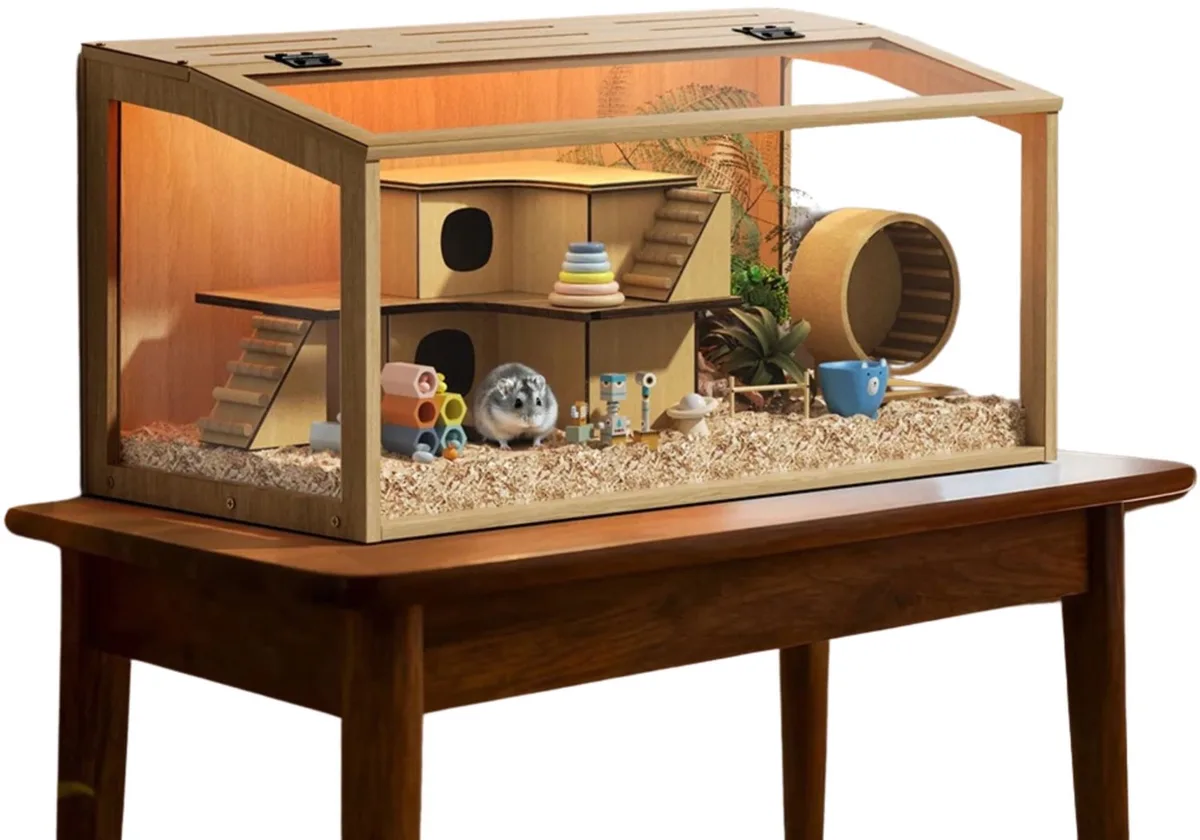 Hamsterkooi - Voor Kleine Dieren - Speelhuisje - Hout en Glas - Meerdere Kleuren från Happiq – produktbild