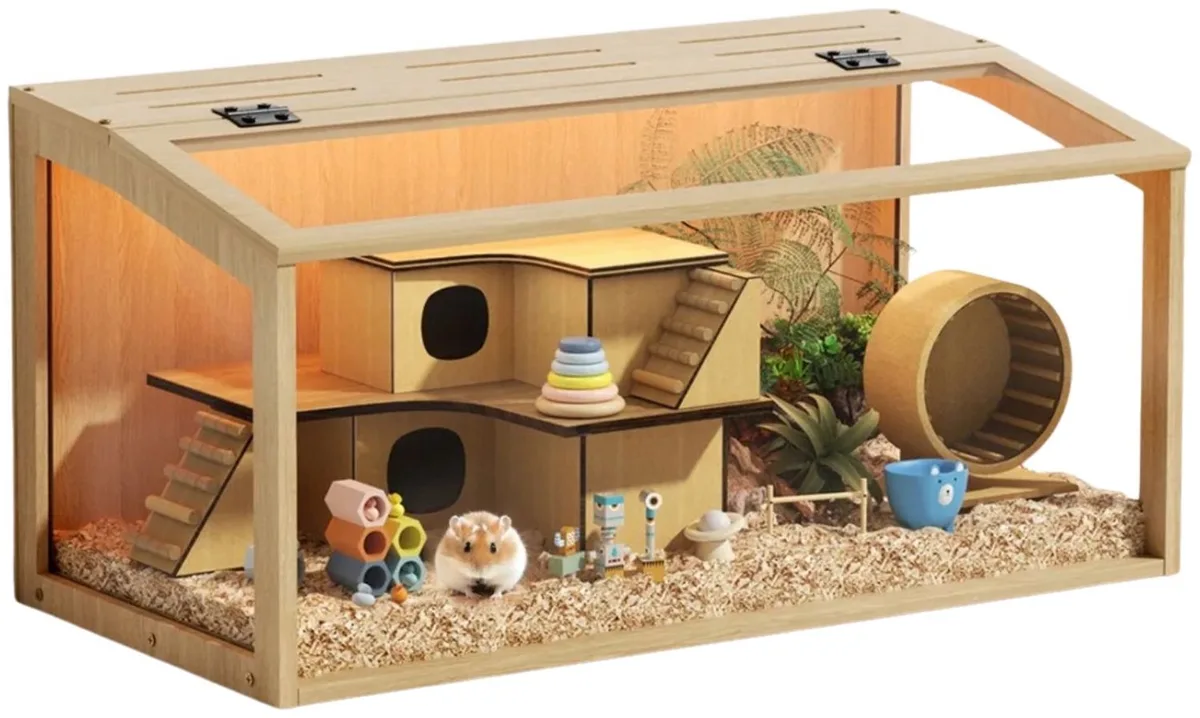 Hamsterkooi - Voor Kleine Huisdieren - Grote Natuurlijke Houten Dierenkast - 60 CM från Happiq – produktbild