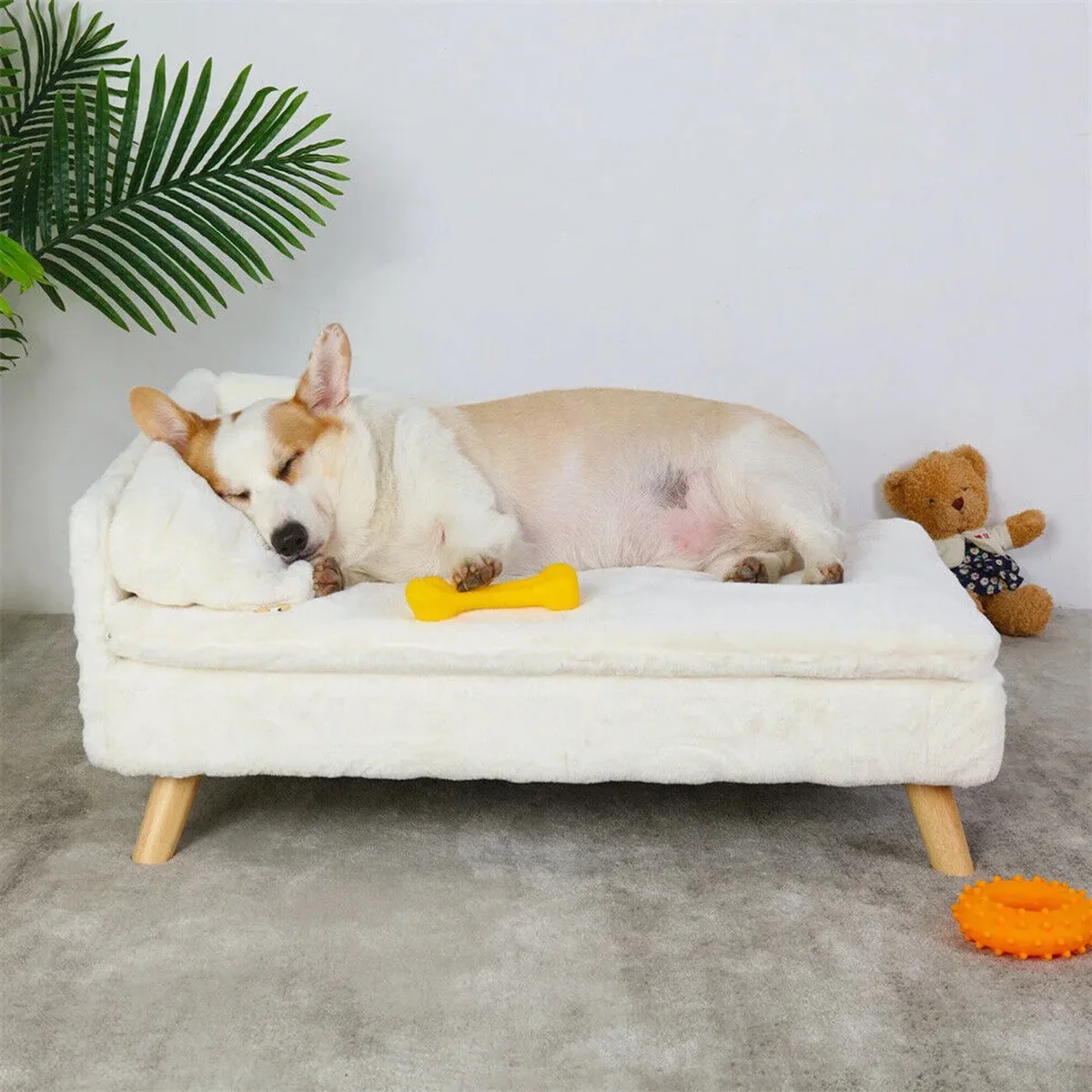 Hondenbank voor Kleine en Middelgrote Honden en Katten - Pluche Kussen en Houten Poten - M Kleur fra Happiq – produktbillede