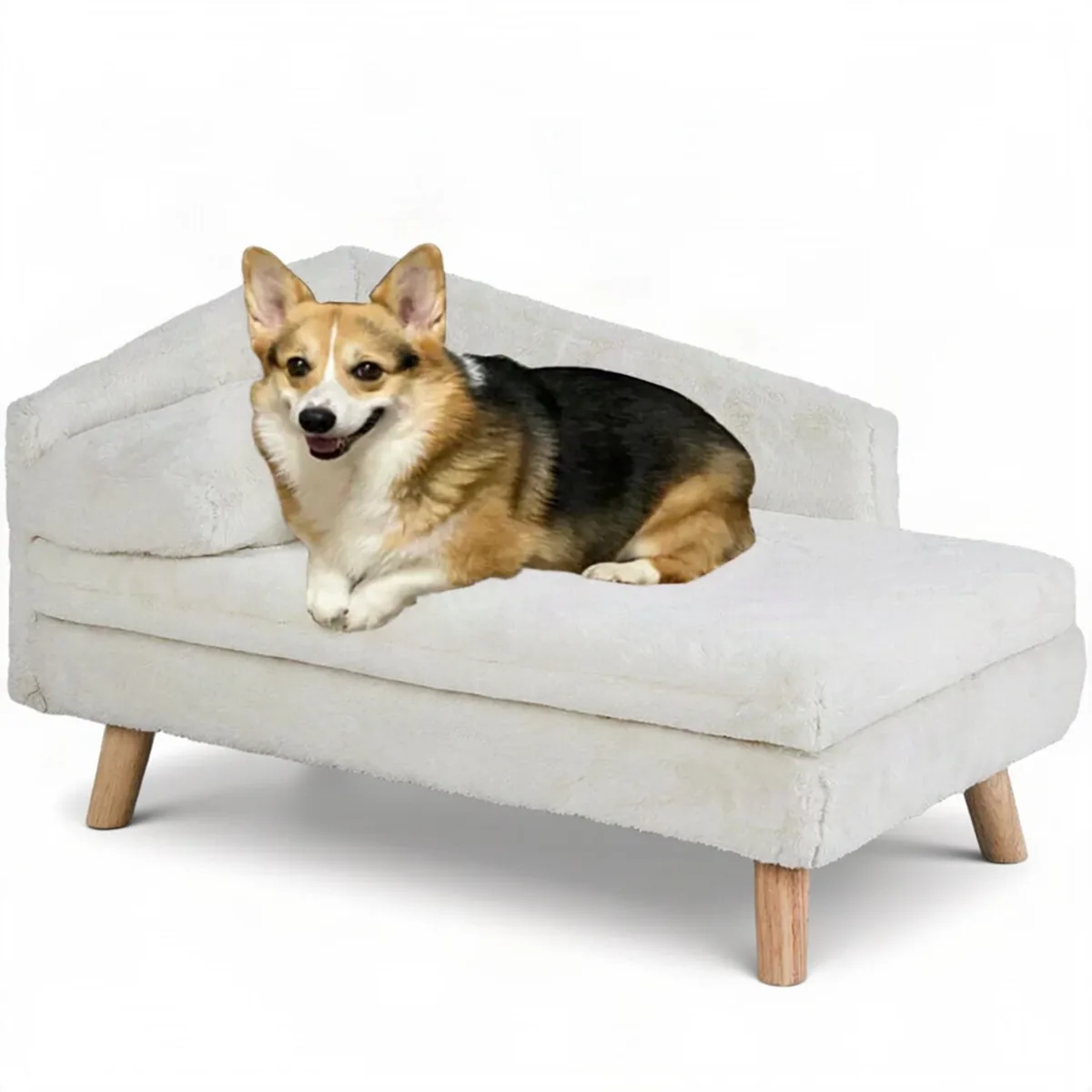 Hondenbank voor Kleine en Middelgrote Honden en Katten - Verhoogd met Rugleuning en Pluche Kussen - Houten Poten - S Kleuruitvoering de Happiq – photo produit