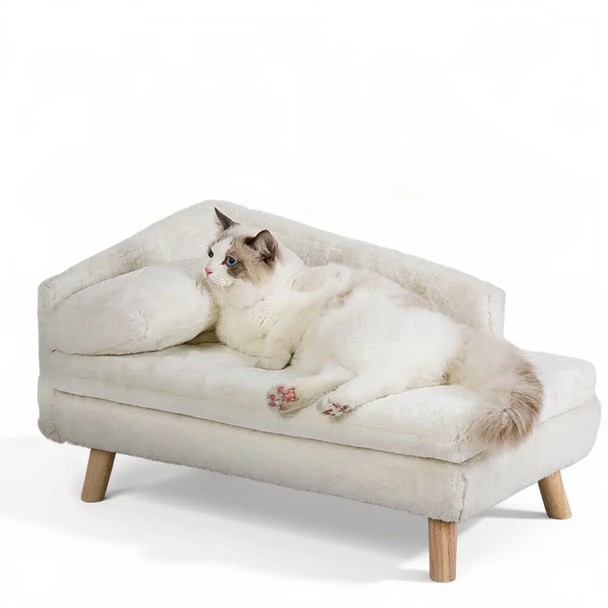 Hondenbank - Voor Kleine en Middelgrote Honden en Katten - Verhoogd Met Rugleuning - Pluche Kussen en Houten Poten - M van Happiq – productfoto