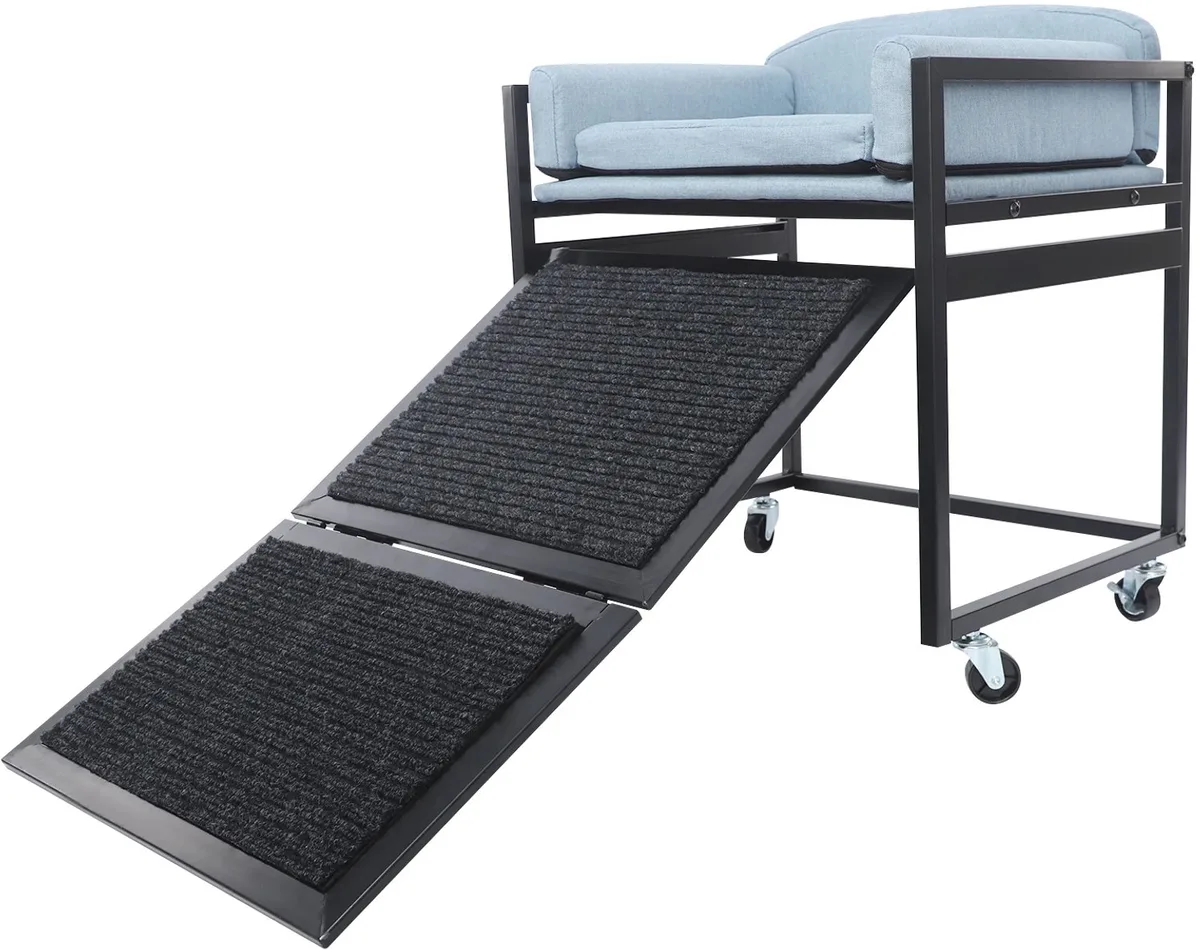 Hondenbed met oploop - Voor kleine tot middelgrote honden en katten - Stevig ijzeren frame met wasbaar kussen - Blauw van Happiq – productfoto