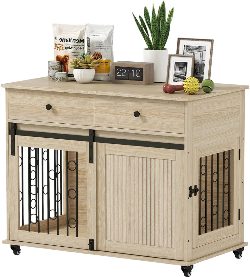 Hondenbench 100 cm – Met Wielen, Lade & Afsluitbare Schuifdeur – Eiken von Happiq – Produktfoto