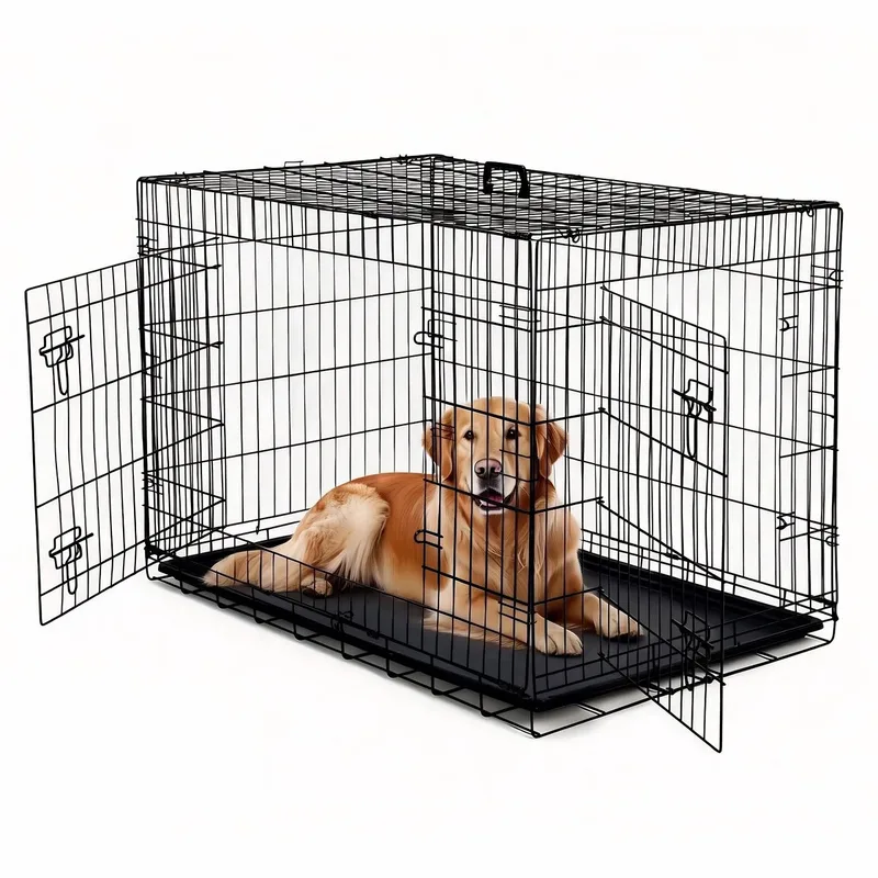 Hondenbench 106.7cm - Opvouwbaar design met Dubbele Deur en Uitneembare Lade - voor puppy's en transport - Zwart Metaal - 122 cm de Happiq – photo produit