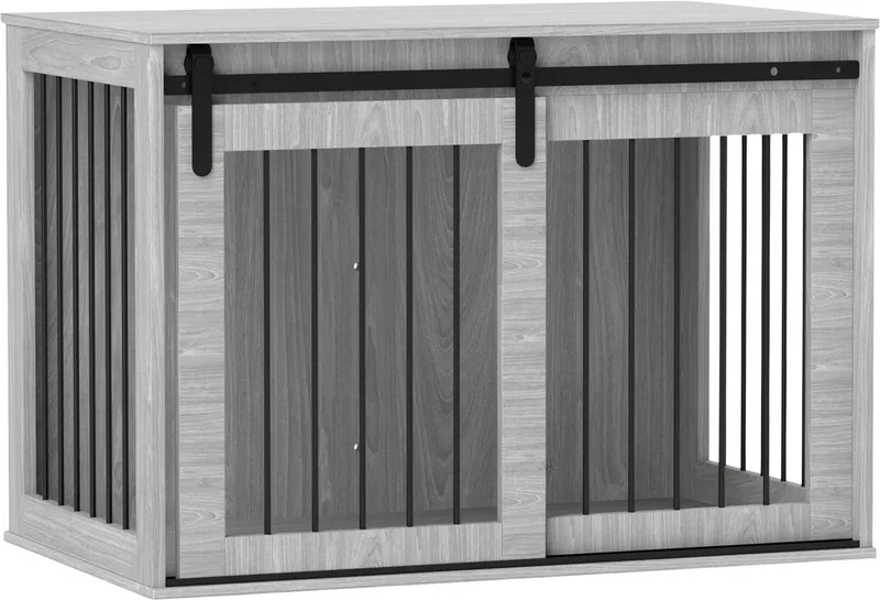 Hondenbench 98 cm – Moderne Metalen Indoor Hondenkooi met Afsluitbare Schuifdeuren voor Grote Honden – Grijs by Happiq – product photo