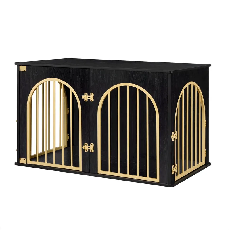 Hondenbench - Hondenkrat - Hondenkennel - Hondenhok - Voor Thuis & Binnengebruik - 3-Deurs - Zwart/Goud - 100cm by Happiq in Gold – product photo