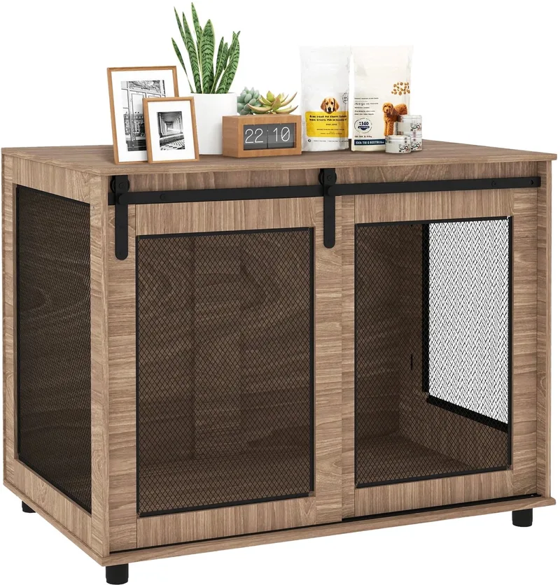 Hondenbench Meubel – Met 2 Afsluitbare Schuifdeuren, Metalen Verhoogde Hondenkooi – Walnoot by Happiq – product photo