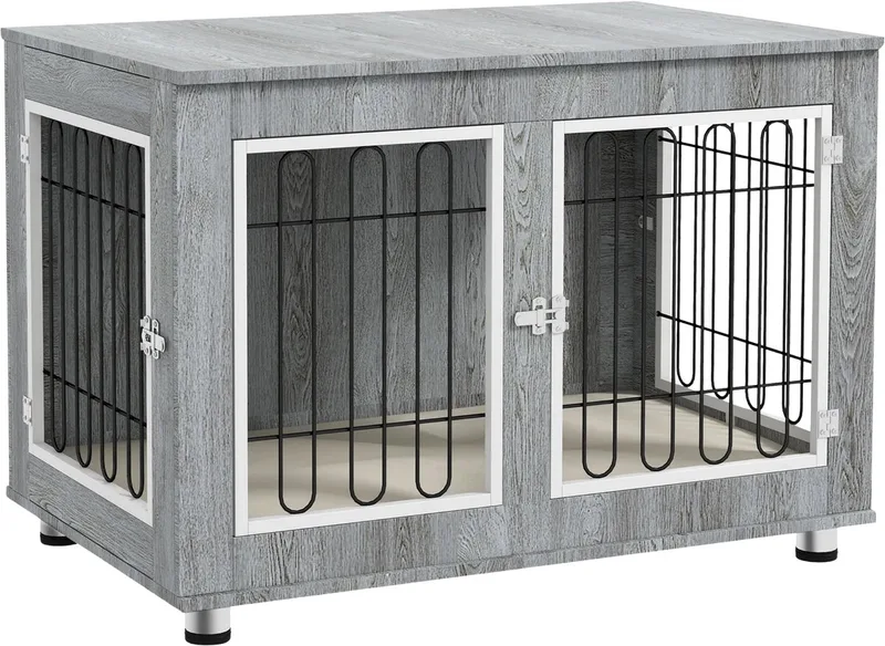 Hondenbench Meubel – Met 2 Deuren, Kussen & Dubbele Sluiting, Metalen Hondenkooi voor Binnen tot 25 kg – Grijs de Happiq – photo produit