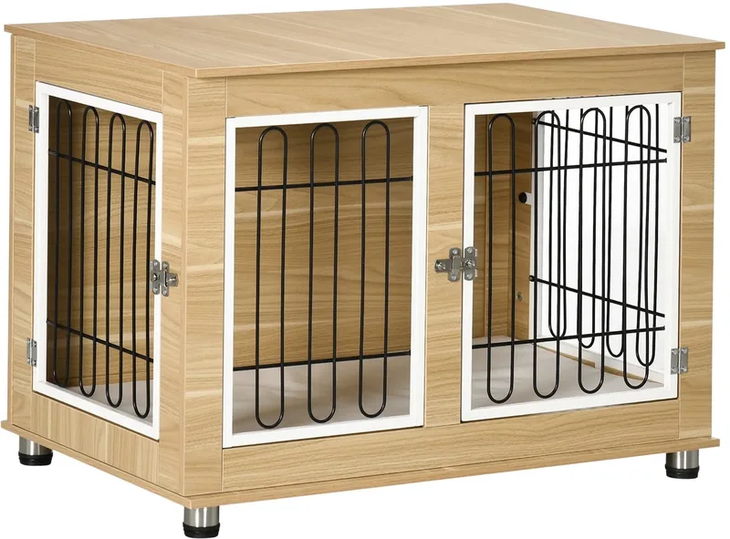 Hondenbench Meubel – Met 2 Deuren, Kussen & Dubbele Sluiting, Metalen Hondenkooi voor Binnen tot 25 kg – Lichtbruin de Happiq – photo produit
