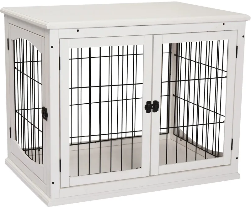 Hondenbench Meubel – Met 2 Ingangen, Moderne MDF Hondenkooi voor Binnen tot 20 kg – Wit de Happiq – photo produit
