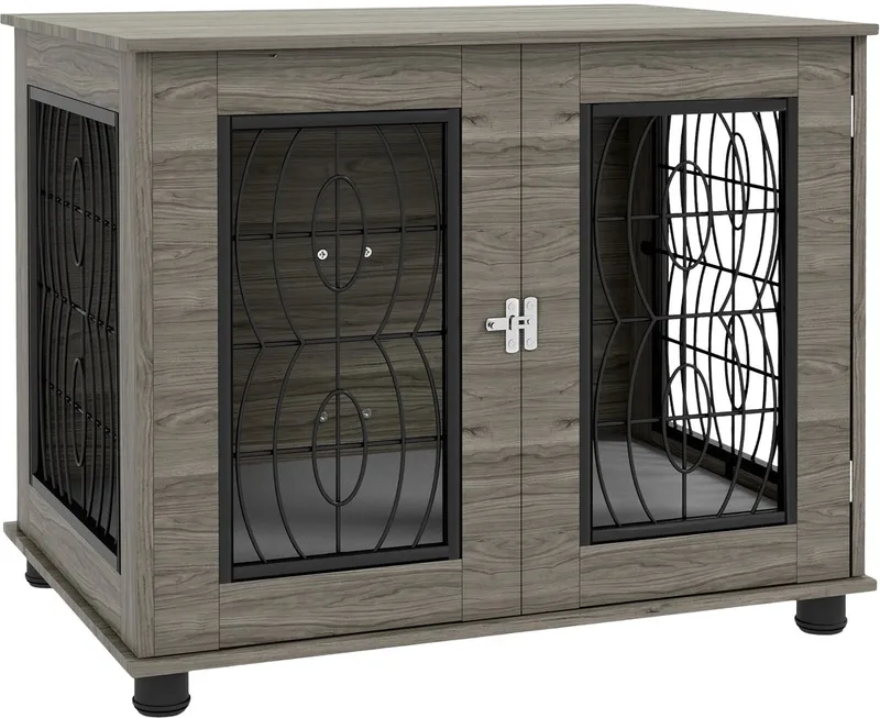 Hondenbench Meubel – Met Afsluitbare Deur & Kussen, Metalen Hondenkooi voor Binnen – Grijs von Happiq – Produktfoto