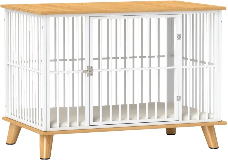 Hondenbench Meubel – Met Deur & Kussen, Stalen Hondenkooi voor Binnen tot 15 kg – Wit/Eiken by Happiq in Eiken – product photo