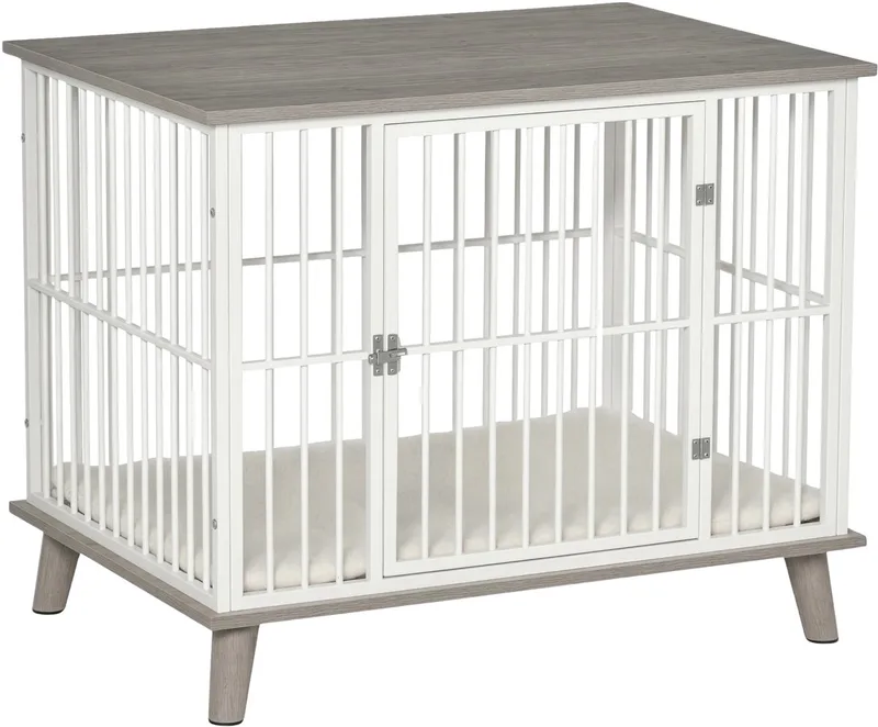 Hondenbench Meubel – Met Deur & Kussen, Stalen Hondenkooi voor Binnen tot 15 kg – Wit/Grijs by Happiq – product photo