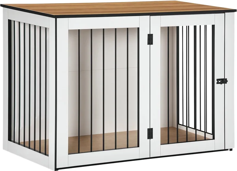 Hondenbench Meubel – Met Deuren & Ramen, Moderne Stalen Hondenkooi voor Honden tot 30 kg – Eiken/Wit de Happiq – photo produit