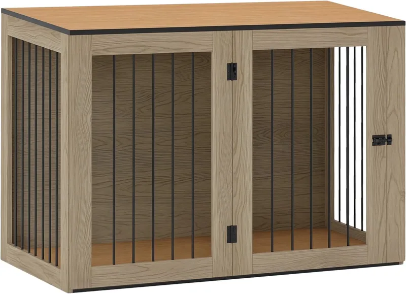 Hondenbench Meubel – Met Deuren & Ramen, Stalen Hondenkooi voor Binnen tot 30 kg – Eiken de Happiq – photo produit