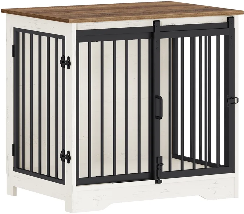 Hondenbench Meubel – Voor Binnen – 69 cm Hondenbox met 2 Deuren, Te Gebruiken als Bijzettafel – Wit/Bruin von Happiq in Weiß – Produktfoto