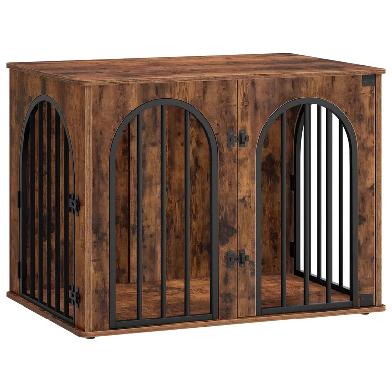 Hondenbench Meubel – Voor Binnen – 80 cm Hondenbox met 3 Deuren en Boogdeur, Te Gebruiken als Bijzettafel – Vintage Bruin de Happiq – photo produit