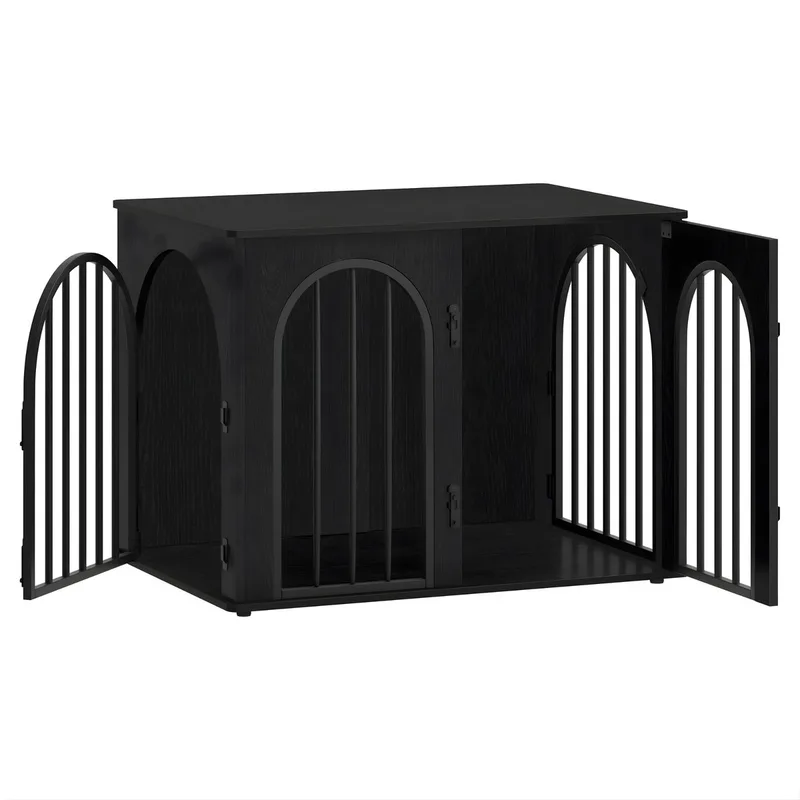 Hondenbench Meubel – Voor Binnen – 80 cm Hondenbox met 3 Deuren en Boogdeur, Te Gebruiken als Bijzettafel – Zwart de Happiq – photo produit