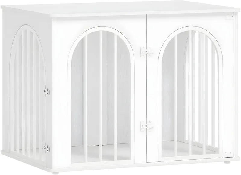 Hondenbench Meubel – Voor Binnen – 80 cm Hondenbox met 3 Deuren en Boogdeur, Te Gebruiken als Bijzettafel – Wit by Happiq – product photo