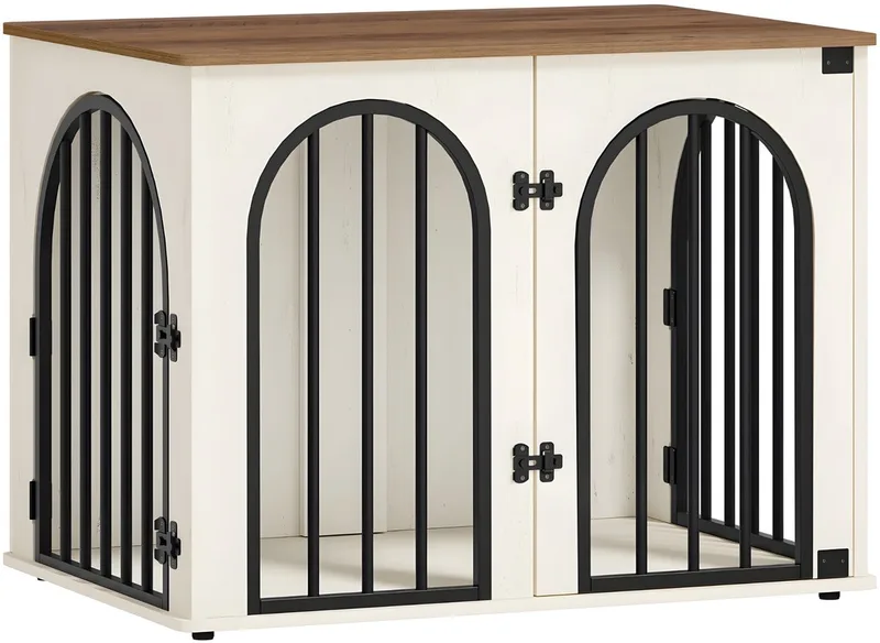 Hondenbench Meubel – Voor Binnen – 80 cm Hondenbox met 3 Deuren en Boogdeur, Te Gebruiken als Bijzettafel – Wit von Happiq in Braun – Produktfoto