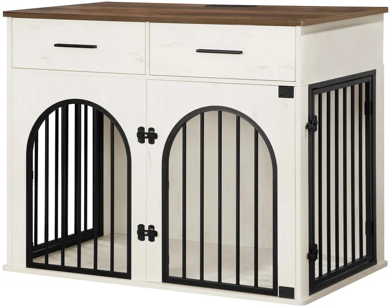 Hondenbench Meubel – Voor Binnen – Houten Hondenbox met 2 Lades en Oplaadstation, Bijzettafel de Happiq en Blanc – photo produit