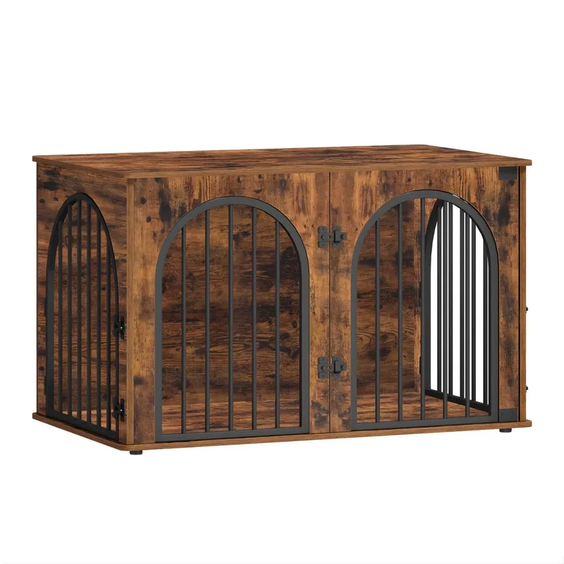 Hondenbench Meubel – Voor Binnengebruik – 100 cm Hondenbox met 3 Deuren en Boogdeur, Te Gebruiken als Bijzettafel – Vintage Bruin von Happiq – Produktfoto