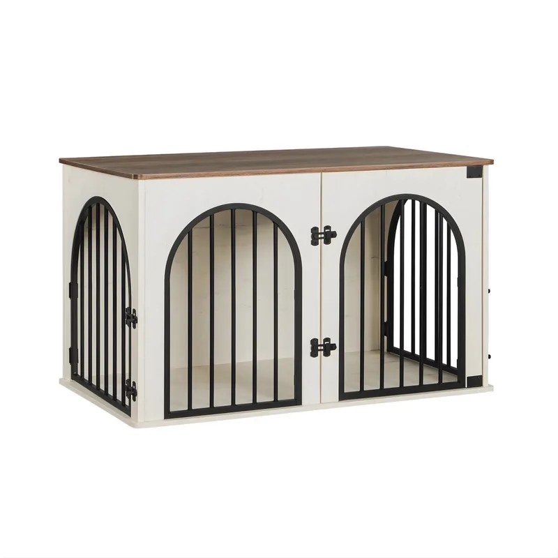 Hondenbench Meubel – Voor Binnengebruik – Hondenbox met 3 Deuren en Boogdeur, Te Gebruiken als Bijzettafel – Wit/Bruin de Happiq – photo produit