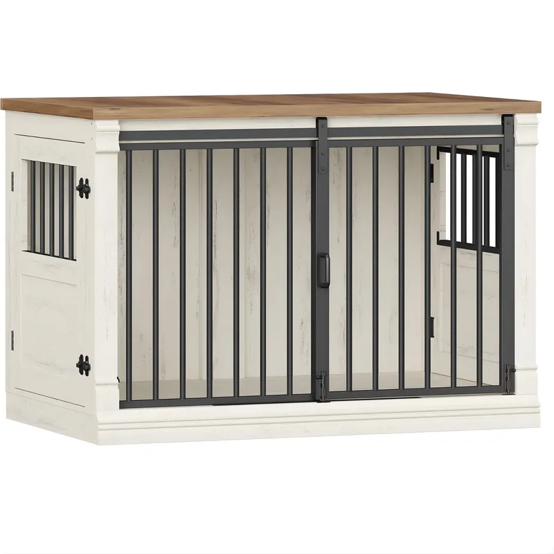 Hondenbench Meubel – Voor Kleine & Middelgrote Honden – 101 cm Houten Hondenbox met 3 Deuren, Indoor Kennel en Bijzettafel – Wit/Bruin de Happiq en Blanc – photo produit