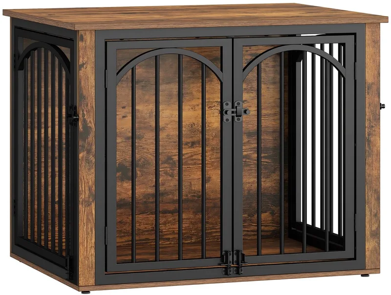 Hondenbench Meubel – Voor Kleine & Middelgrote Honden – 80 cm Houten Hondenbench met 4 Deuren, Bijzettafel – Vintage Bruin/Zwart von Happiq – Produktfoto