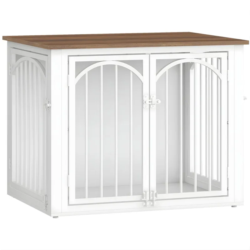 Hondenbench Meubel – Voor Kleine & Middelgrote Honden – 80 cm Houten Hondenbox met 4 Deuren, Bijzettafel – Bruin/Wit de Happiq – photo produit