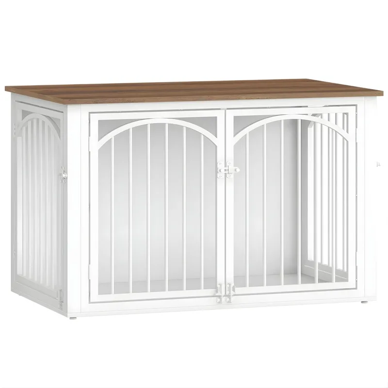 Hondenbench Meubel – Voor Middelgrote & Grote Honden – 100 cm Houten Hondenbox met 4 Deuren, Bijzettafel – Bruin/Wit fra Happiq i Brun – produktbillede