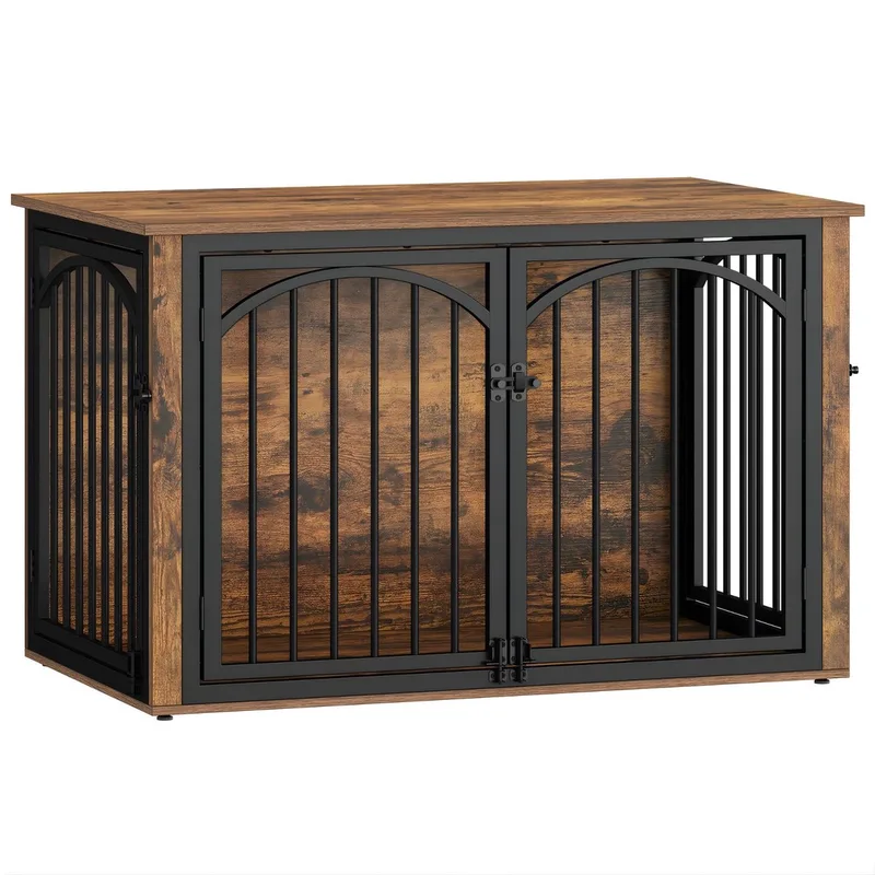 Hondenbench Meubel – Voor Middelgrote & Grote Honden – 100 cm Houten Hondenbox met 4 Deuren, Bijzettafel – Vintage Bruin/Zwart by Happiq in Black – product photo