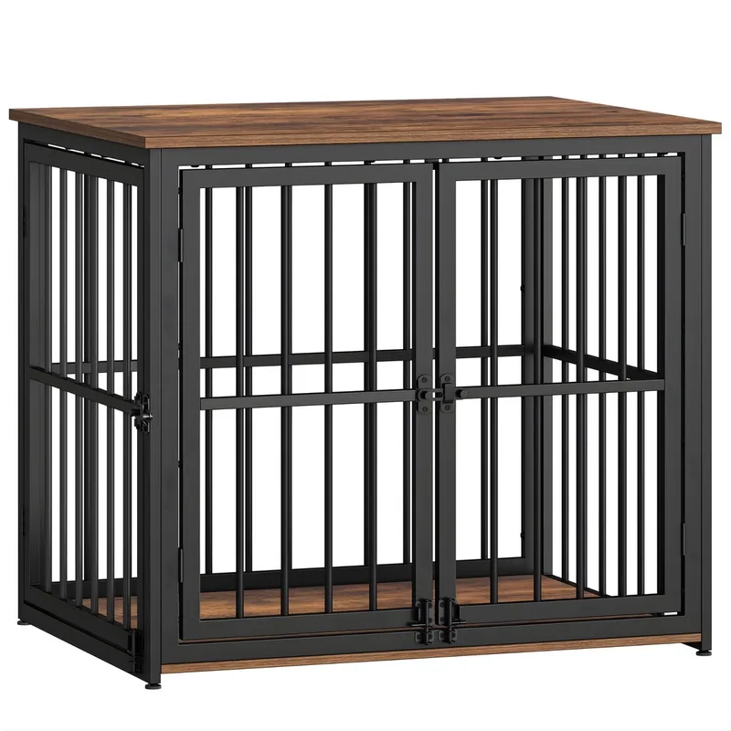 Hondenbench Meubel – Voor Middelgrote Honden – 80 cm Houten Hondenbox met 3 Deuren, Heavy Duty, Bijzettafel – Rustiek Bruin/Zwart de Happiq en Rustiek bruin – photo produit